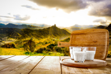 Desk of free space and fresh milk 