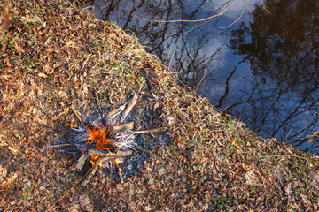 Bonfire on the banks of the creek in the spring forest. View from above