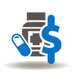 Obraz premium Pills bottle dollar icon vector. Pharmacy logo. Drugstore illustration. Healthcare insurance sign.