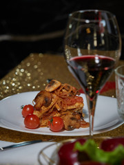 Fresh beef with fried mushrooms.