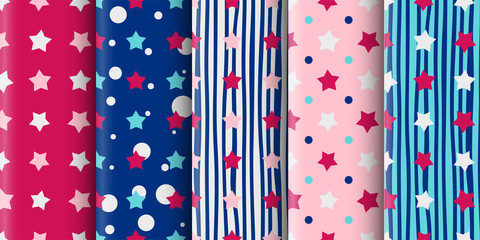 Set of stars and stripes vector seamless pattern. Geometric abstract background. Modern stylish texture,  template for cover design. Simple graphic print. Vintage wallpaper. Textile ornament.