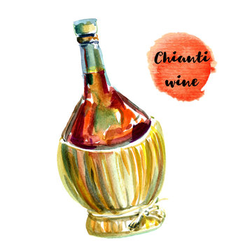 A single fiasco bottle of Chianti wine with a wicker basket base. Vertical format isolated on white hand painted watercolor illustration
