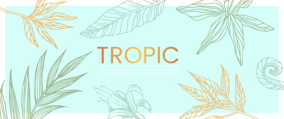 Vector hand drawn banner with exotic and tropic plants, flowers and palm tree leaves that can also be used as flyer, wedding invitation and landing page.