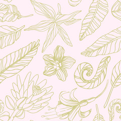 Fototapeta premium Seamless pattern with handdrawn floral elements that can be used for wrapping, textile, fabric and wallpaper. Vector illustration of exotic flowers and tropic plants on a pink background.