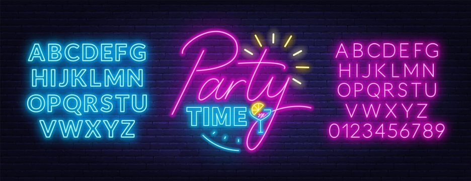 Party Time Neon Lettering In Retro Style. Neon Fonts. Vector Illustration On A Dark Background.