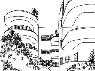 White city Tel Aviv, romantic urban landscape, bauhaus style. Ink line sketch. Hand drawing. Vector illustration on white background. - obrazy, fototapety, plakaty
