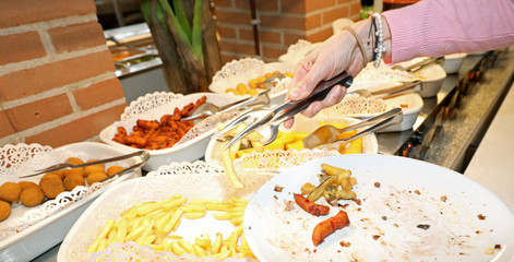 woman in the self-service restaurant with ceramic dishes while t