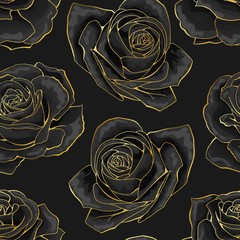 Vector seamless pattern. Golden outline rose flowers on black background