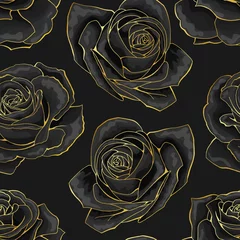 Wallpaper murals Glamour style Vector seamless pattern. Golden outline rose flowers on black background