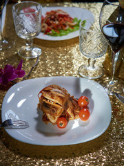 Fresh beef with fried mushrooms.