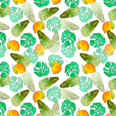 bacground fruits with leaf pattern design.  Spring floral seamless pattern with hand drawn mangoes