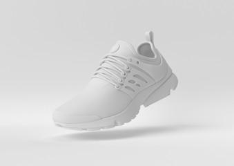 Creative minimal paper idea. Concept white shoe with white background. 3d render, 3d illustration. - obrazy, fototapety, plakaty