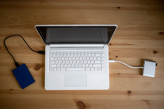 Work space on table of photographer. Minimal workspace