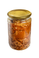 Canned meat in a glass jar, isolated, white background