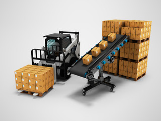 Concept of placement of goods in paper boxes with forklift from conveyor belt 3d render on gray background with shadow