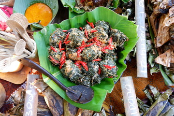 traditional food from Indonesia, called "buntil daun talas"