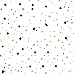Cute festive background with gold and black falling stars. Holiday seamless pattern. Ornament for gift wrapping paper, fabric, clothes, textile, surface textures, scrapbook. Christmas star.