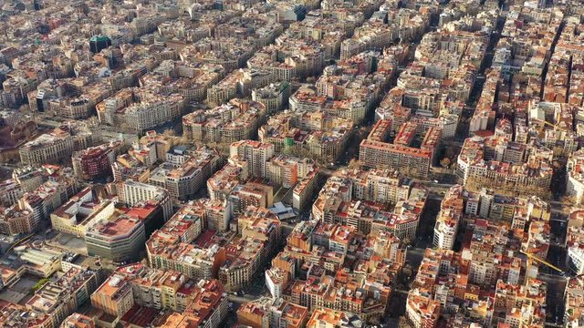 all-round aerial drone view to city center. Barcelona Spain. Eixample district. Sunny day, Video footage
