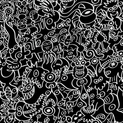 Naklejka premium Decorative seamless pattern depicting weird creatures in a black color background. The monsters and other odd beings form a whimsical repeatable design
