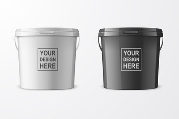 Vector Realistic 3d White and Black Plastic Bucket Set for Food Products, Paint, Foodstuff, Adhesives, Primers, Putty Closeup Isolated on White. Design Template of Packagin for Mockup. Front View