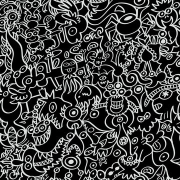 Decorative seamless pattern depicting weird creatures in a black color background. The monsters and other odd beings form a whimsical repeatable design