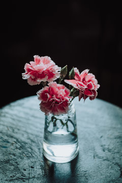 Bouquet of pink carnations in small glass vase