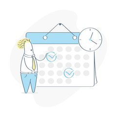 Cartoon character make an online schedule, planning appointments. Business graphics tasks, planning and scheduling operations agenda on a Week in the Calendar. Outline vector on white background.  