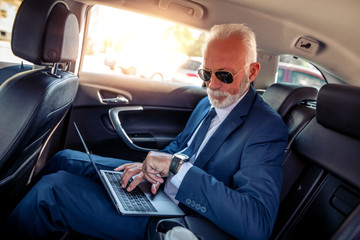 Businessman using laptop in car
