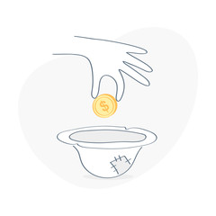 Charity donation, hand putting coin into old patched hat as donation. Aid, philanthropy help, assistance, alms, contribution, grant, protection, fundraiser. Outline vector on white.