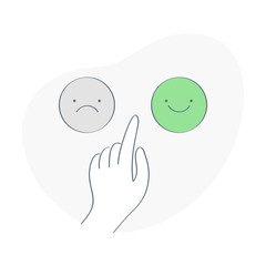 Yes or now concept, hand selects which button to press - happy green or upset grey. Satisfaction, feedback, ranking, review, testimonial, customer satisfaction survey and questionnaire vector icon.