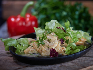 Portion of meat sprinkled with white sauce.