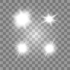 Set of Vector glowing light effect stars bursts with sparkles on transparent background. Transparent stars