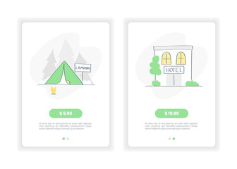 Web Tariffs: camping or hotel, free or luxury apartment price list. UI UX pricing table, tariff plan interface for the touristic website, travel, booking service, hotel business. Flat outline design