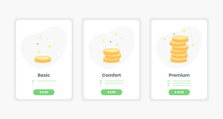 Price services, set tariffs plan for website.  Pricing table for services order with buttons, three options, ui interface for the site. Flat outline vector on white.