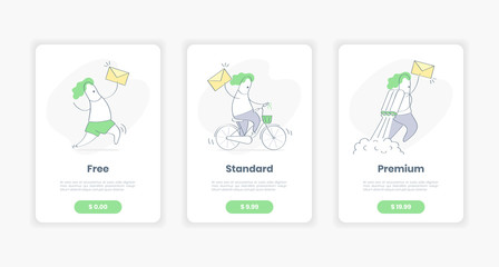 Table price, price list template, three offer tariffs plans for mail or quickly parcel delivery, mailing package. Flat outline clean cartoon design on white background with cute line character.