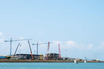 Fototapeta premium Construction site and blue sea.