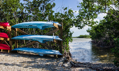 Florida Keys Canoe Launch:  Rental canoes and kayaks wait beside a launch area in Long Key State...