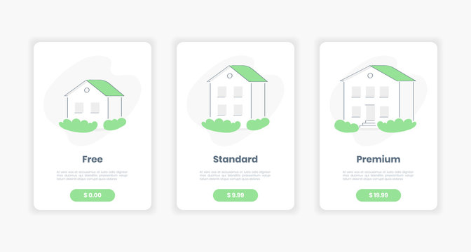Three tariffs for Real State property, rent options. Three variants of houses. Interface pricing table, price list set, ui ux tariff plan for the site. Flat outline vector concept.