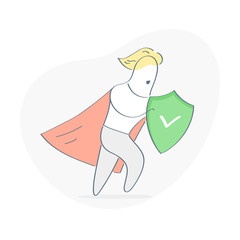 Superman, super hero ready to save the day. Cute funny cartoon character man in a hurry to help, symbol of protection, brave, courage, secure. Outline editable vector illustration.