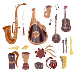 Set of hand drawn traditional Slavic, Ukrainian musical instruments in circle. Reed pipe, kobza, buhay, sopilka, bandura, pan flute etc. © Kate Antonenko