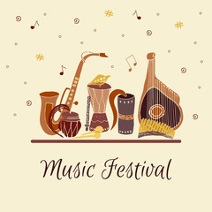 Card with hand drawn traditional Slavic, Ukrainian musical instruments in circle. Reed pipe, kobza, buhay, sopilka, bandura, pan flute etc. © Kate Antonenko