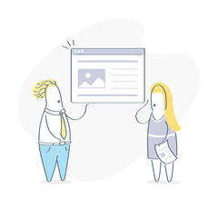 Web Site Development concept, two Business characters discussing the look of a Web Page Layout Design, One of them Holds the Site in his hand in Browser Window. Outline vector illustration on white.