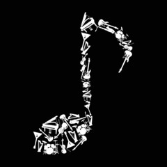 White music note including musical instruments on black background. Harp, electric guitar, bass, balalaika, piano, drums, violin, saxophone. Vector