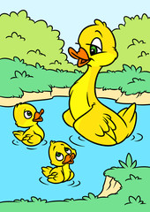 Duck mother little ducklings walk bathing pond cartoon illustration 