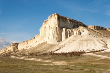 Landscape of White Rock or Belaya Scala, Rock Aq Kaya, Crimea, Belogorsky District on blue sky background.