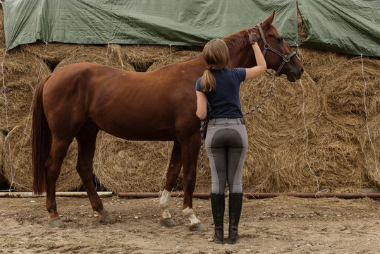Woman with horse standing on ranch