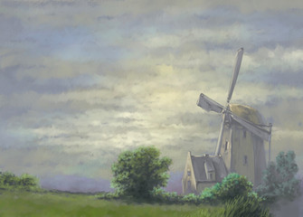 Oil paintings landscape. Fine  art, dutch windmill in holland