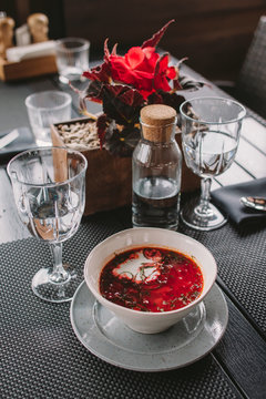 Borsch served at the stylish table