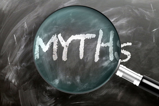 Learn, study and inspect myths - pictured as a magnifying glass enlarging word myths, symbolizes researching, exploring and analyzing meaning of myths, 3d illustration