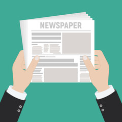Hot latest news. Businessman hands holding magnifying glass over a newspaper with titles and photo. Top view. Vector illustration